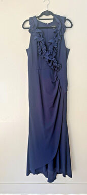 Xscape Size 16 Navy Blue Ruffle Formal Gown Maxi Dress Wedding Evening